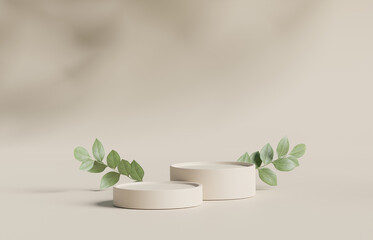 3D display podium. Pastel beige background with pedestal nude color stand and tree branch shadow . Nature green leaf. Beauty, cosmetic product mockup. Minimal 3d render. Bright studio advertisement