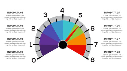 Speedometer infographic with 8 elements template for web, business, presentations, vector illustration. Business data visualization.