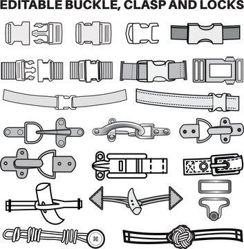 Quick Release buckles and clasps flat sketch vector illustration set, different types bag accessories, locks and buckles for back packs, climbing equipment, garments dress fasteners and Clothing belt
