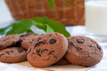 Homemade chocolate chip cookies with glass of milk on background. Recipe of cookies with chocolate chips. Snack or treat in cafe or restaurant menu.