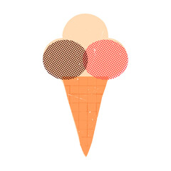 Retro-style ice cream in a waffle cone with 3 various taste scoops, chocolate, vanilla, and strawberry. Textured mid-century illustration of a refreshing summer dessert, sweet snack.