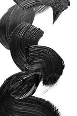 Black glossy strokes of oil or acrylic paint isolated on a black matte background, abstract shapes.