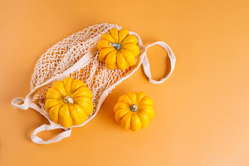 Obraz na płótnie Canvas Autumn Halloween Pumpkins.Different varieties of Pumpkins in mesh bag of fabric on orange background.Autumn concept.Copy space.Composition of pumpkins.Happy Thanksgiving.Vegetable fall food concept.