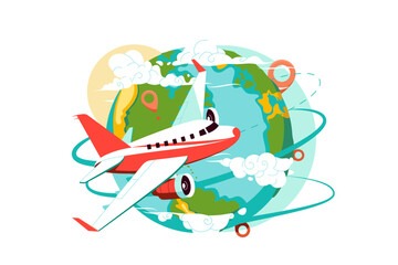 Airplane fly around world globe, explore planet