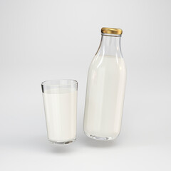 Glass bottle and glass with milk floating on a gray background, 3d render