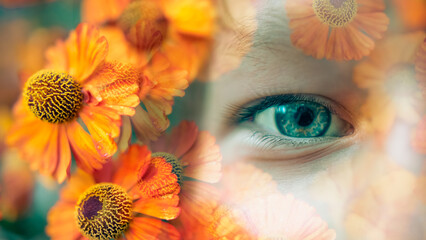 Beautiful floral abstraction: an eye with a bright iris, a look through orange autumn flowers