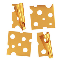 A set of cheese slices with a top view of golden color, 3d render