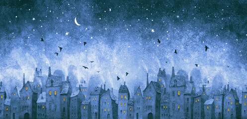 Spooky city in the night. Little houses with lightened windows. Digital illustration - 529518221