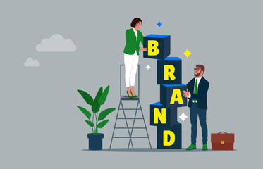 Business people building brand word, company personality development. Vector illustration.