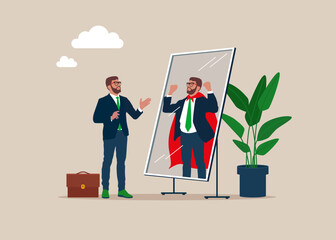 Businessman looking at his strong ideal self superhero reflection mirror. Self confidence, positive attitude to success, determination to achieve goals. Vector illustration.