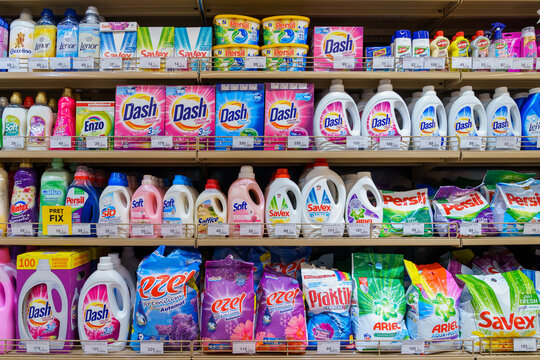 Shelf with laundry detergents in the store. Illustrative editorial. April 13, 2022 Beltsy Moldova