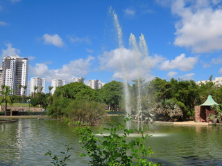 Beautiful fountain in the pond and nature in Kiryat Motzkin Zoo, Israel.