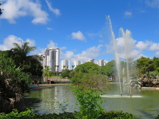 Beautiful fountain in the pond and nature in Kiryat Motzkin Zoo, Israel.
