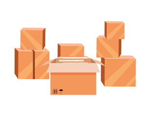Moving boxes set. Vector stock illustration. Cartoon. White background. isolated. Package. Crockery and books