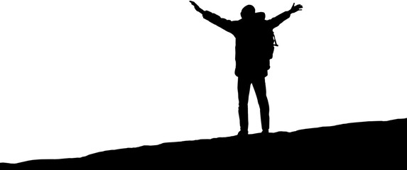 Silhouette man tourist standing on a mountain top and holding his hands up. 