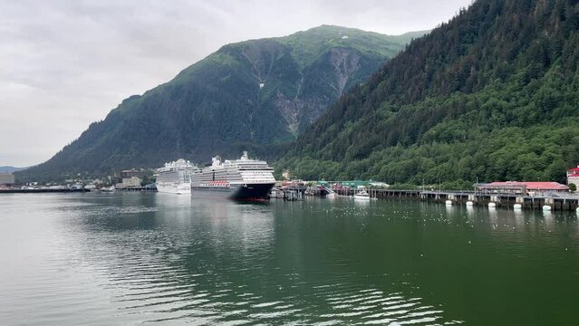 Cruise ships at dock in Juneau, Alaska in summer