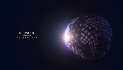 abstract global dot network circle digital connection and communication futuristic on blue background.