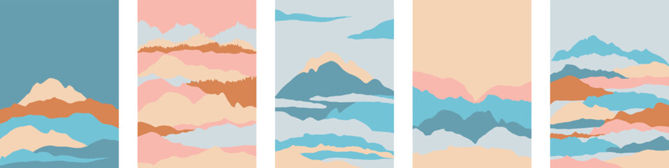 Landscape poster collection. Minimal background pattern vector. Abstract Mountain template geometric pattern set.
