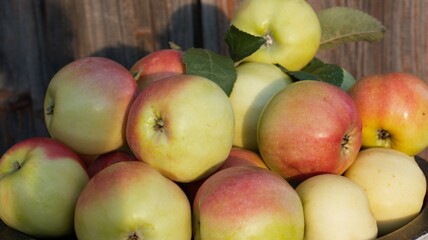Autumn composition. Apples on a wooden texture background. Background texture. Composition
