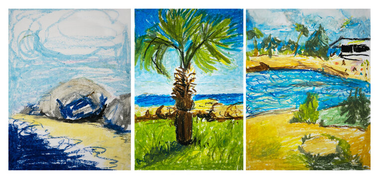A set of 3 images of sketches from a trip to Israel, and the Mediterranean coast, hand-drawn with oil pastels. Beach with boulders, city beach and palm tree on water background