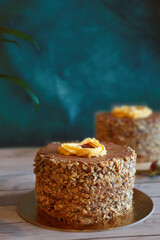 Two Professional cakes. Whole Kyiv cake dessert, dessert cake made in Kyiv. Cake with meringue and nuts.Side view.