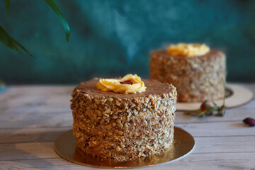 Two Professional cakes. Whole Kyiv cake dessert, dessert cake made in Kyiv. Cake with meringue and nuts. Side view.