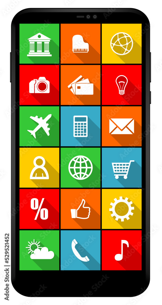 Poster mobile phone vector mockup. front view of multimedia smartphone with application icons