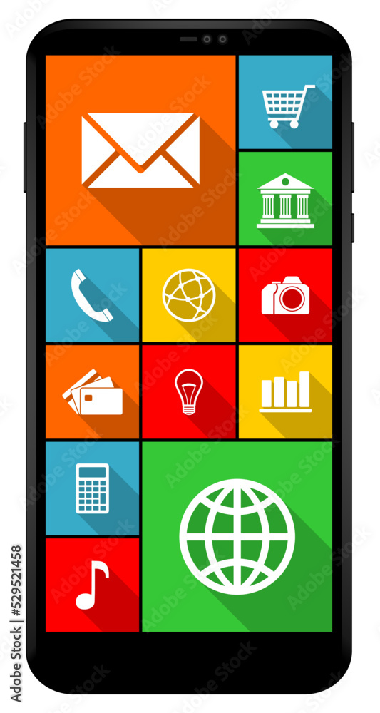 Leinwandbilder smartphone vector mockup. front view of multimedia mobile phone with application icons