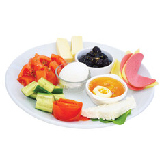 Breakfast with olives and tomatoes, salami, egg, jam, honey