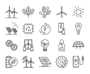 Set of eco energy icon with editable stroke line. ecology solar sustainability vector illustrations