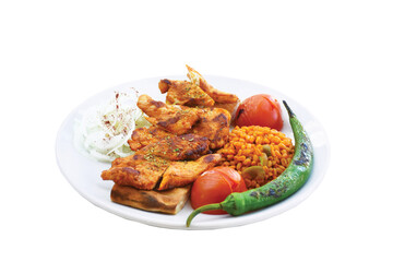 Close up of Grilled chicken plate with roasted peppers, bulgur pilaf with tomatoes, roasted tomatoes