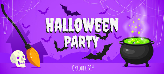 Happy Halloween Party Banner with magic pot of potion, witch broom, skulls, bats, cobwebs. Celebration night flyer on violet background.