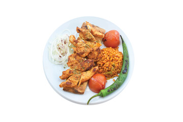 top view of Grilled chicken plate with roasted peppers, bulgur pilaf with tomatoes, roasted tomatoes
