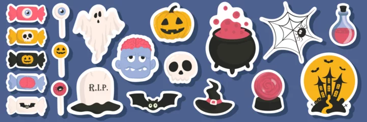 Fotobehang Vector Halloween mega set with stickers candy,ghost,grave,zombie,bat,skull,pumpkin,witch hat,potion cauldron,spider,castle,potion flask,magic ball.Use for event invitation,greeting card,logo,web. © Оксана Омельченко