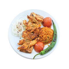 top view of Grilled chicken plate with roasted peppers, bulgur pilaf with tomatoes, roasted tomatoes