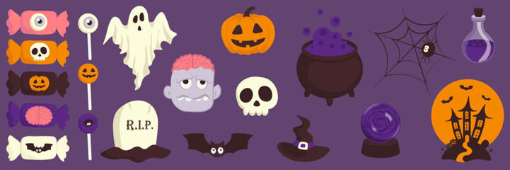 Vector Halloween mega set with candy,ghost,grave,zombie,bat,skull,pumpkin,witch hat,potion cauldron,spider,castle,potion flask,magic ball.Use for event invitation,greeting card,logo,packaging,web.