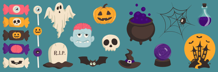 Vector Halloween mega set with candy,ghost,grave,zombie,bat,skull,pumpkin,witch hat,potion cauldron,spider,castle,potion flask,magic ball.Use for event invitation,greeting card,logo,packaging,web.
