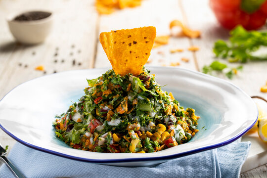 Nacho Salad Served In A Dish Isolated On Napkin Side View Of Arab Food