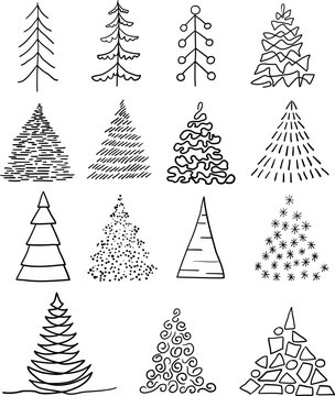Set of christmas tree doodle illustration Hand drawn Sketch line vector