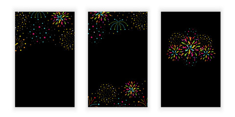 Firework cartoon poster set with copy space and festival symbols isolated vector illustration