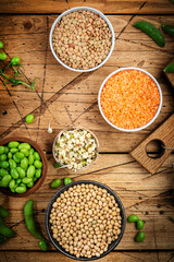 Legumes, beans and sprouts. Dried, raw and fresh, top view. Lentils, mung beans, chickpeas, soybeans, edamame, peas, Healthy diet food, vegan protein, micronutrients and fiber sources