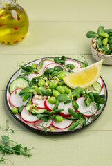 Raw vegan salad with radish, cucumber, green pea, sunflower and soy sprouts, edamame and flax seeds. Vegetarian healthy diet food. Top view, green kitchen table
