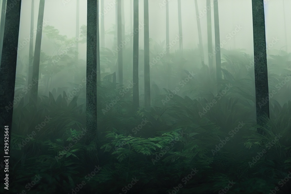 Poster fog in a green forest with trees and bushes. 3d rendering