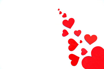 Group of red hearts (big, small) on white background. Valentines Day, Mothers Day, International Women's Day, anniversary, love concept. Flat lay.