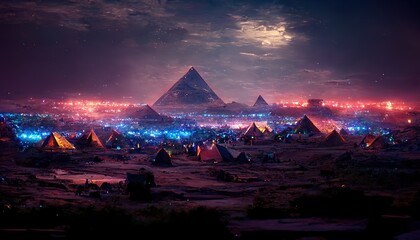 The tent camp was located at the foot of the Egyptian pyramid.3D illustration - obrazy, fototapety, plakaty