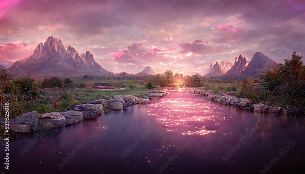 Poster a river runs through the valley of the mountains.3d rendering