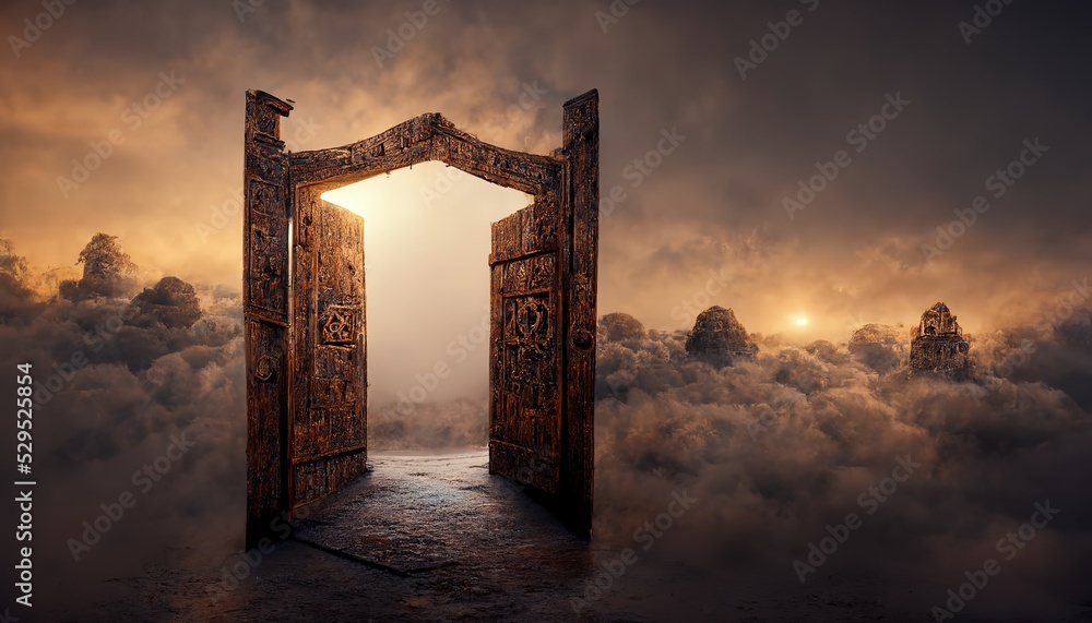 Poster a stone road leads to a gateway to another world. 3d rendering