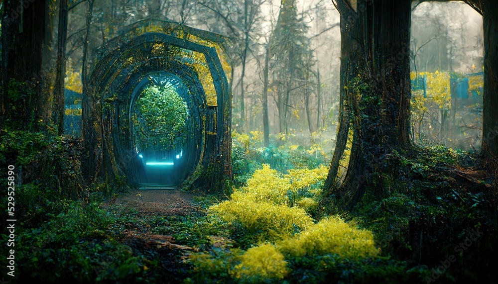 Poster In a dense green forest, a portal to a different dimension. 3D rendering