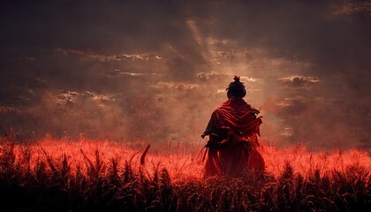Silhouette samurai in a field of red. 3D illustration