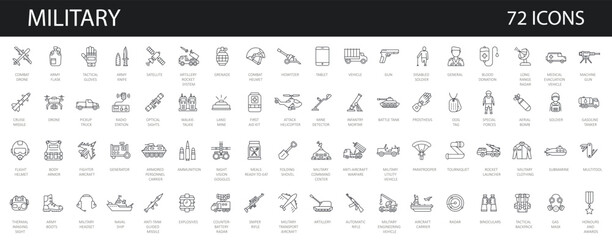 Outline set of 72 war, military, army line icons. Editable Stroke. Military Equipment, tools,  aids and appliances. collection and pack of linear icons.  